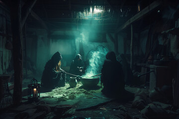 Witches making a potion inside a dimly lit cabin, brewing a bubbling green concoction for dark purposes