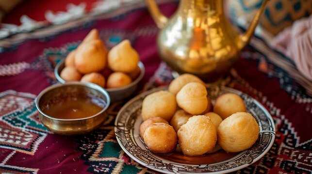 Plate of golden lokma deepfried dough balls soaked in honey syrup for a sweet and traditional food dessert