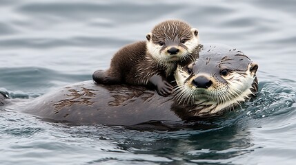 Mother Otter Carrying Her Baby Across the Water in a Serene Natural Setting
