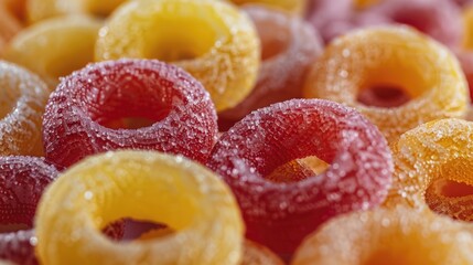 A stack of colorful fruit rings on a white background