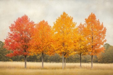 Golden and red leaves adorn trees in a tranquil autumn setting, creating a harmonious display of seasonal beauty