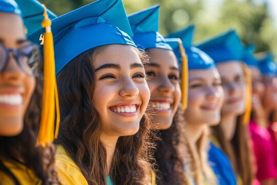 High school graduates smile brightly while wearing university apparel, gathered together at a lively college orientation event under the warm summer sun