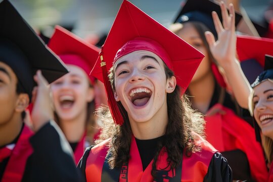 Graduates in university apparel enthusiastically celebrate together during a college orientation event, showcasing their excitement for the future ahead