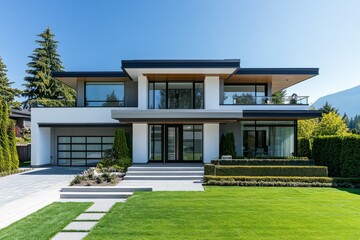 Fototapeta premium This contemporary two-story house features large windows, a sleek design, and a manicured lawn in North Vancouver, captured under bright daylight