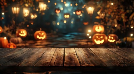 A spooky Halloween night scene with glowing carved pumpkins and lanterns illuminating a forest path in eerie blue light. Generative AI