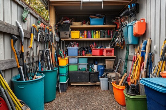The tool shed features a variety of gardening tools neatly organized on shelves, paired with vibrant color-coded storage bins for easy access