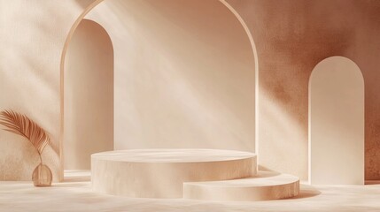 3D brown creamy podium with a modern minimal design in a studio setting Abstract geometric shape illustration for showcasing cosmetic and fashion products in natural tones