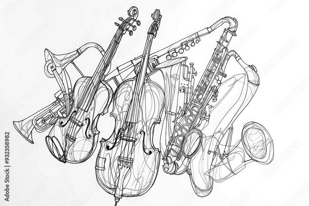 Poster a collection of various musical instruments on a table or stand