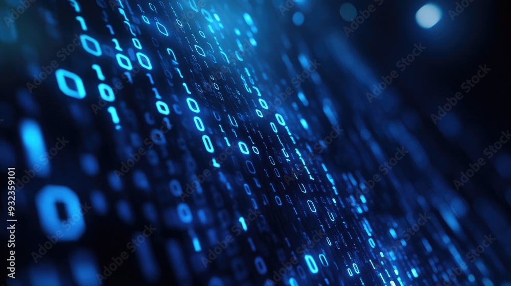 Poster 3d illustration of a dark blue blurred backdrop featuring computer binary code with a data center de