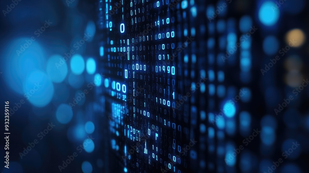 Poster 3d illustration of a dark blue blurred backdrop featuring computer binary code with a data center de