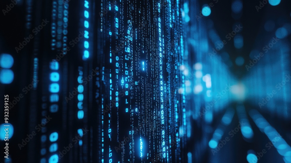 Poster 3d illustration of a dark blue blurred backdrop featuring computer binary code with a data center de