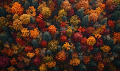 A forest full of trees with leaves of different colors. The colors are red, yellow, and green