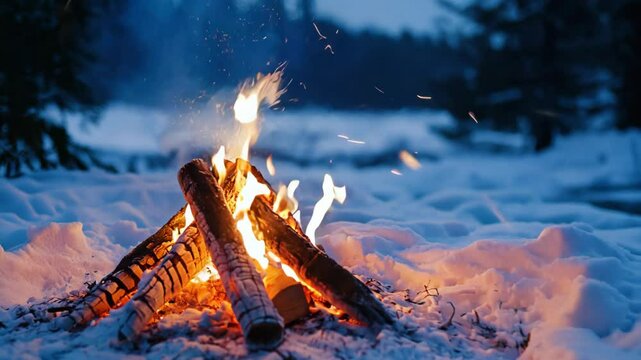 close up bonfire on snow covered ground in nature landscape winter season, flickering flame with copy space, camping calm peaceful concept