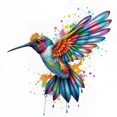 Obraz premium Fantasy world. Illustration of paradise hummingbird bird isolated on a white background. Abstract drawing. Colorful bird. PNG version.