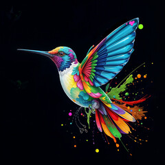 Obraz premium Fantasy world. Illustration of paradise hummingbird bird isolated on a black background. Abstract drawing. Colorful bird. PNG version.