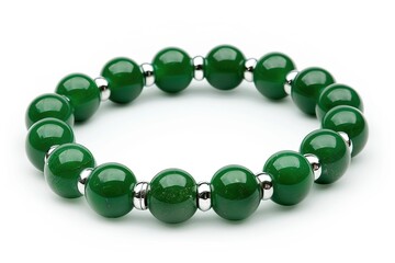 A green bead bracelet with shiny silver spacers, showcasing a stylish accessory design.