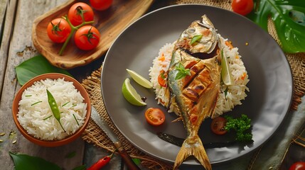 Plate of mifa fish Samak mifa grilled to perfection and served with a side of rice perfect for a flavorful traditional food meal