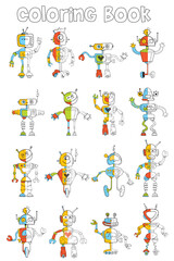Finish painting all of robots. Paint the robot's other half. Cartoon characters. Black and white cartoon character. Funny vector illustration. Isolated on white background. Coloring book