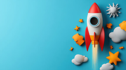 A colorful toy rocket surrounded by stars and clouds, launching on a bright blue background, representing creativity and imagination.