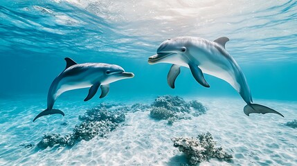 Naklejka premium Graceful Pair of Dolphins Swimming Together in Clear Blue Ocean Waters