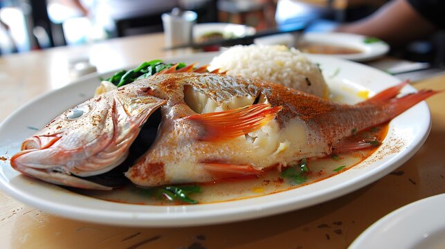 Plate of mutabbaq samak a fish dish cooked with spices and served with a side of rice for a flavorful food meal
