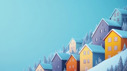 A colorful hillside village with snow-covered houses under a clear blue sky.