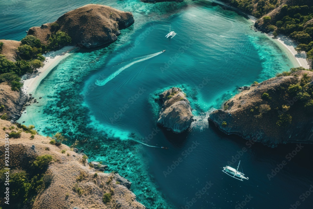 Poster aerial view of a boat floating on calm water