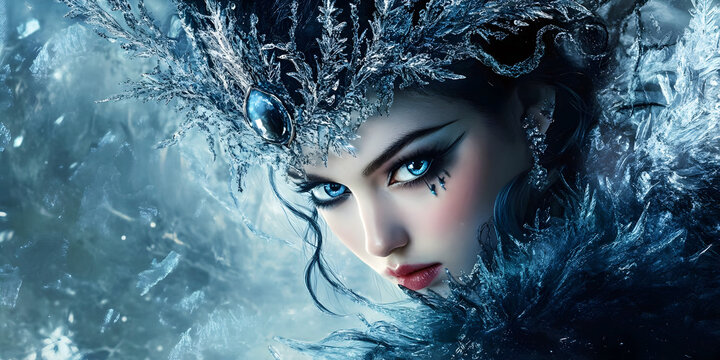 portrait of a woman with snow and ice queen, ai generated.