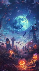 Obraz premium Flaming Halloween pumpkins glow ominously among tombstones as zombies rise under a full moon in a dark, atmospheric setting