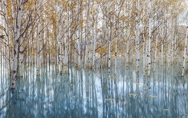 A tranquil scene of a flooded forest with tall, bare birch trees and their reflections in the calm water, Abraham Lake, Alberta, Canada, North America