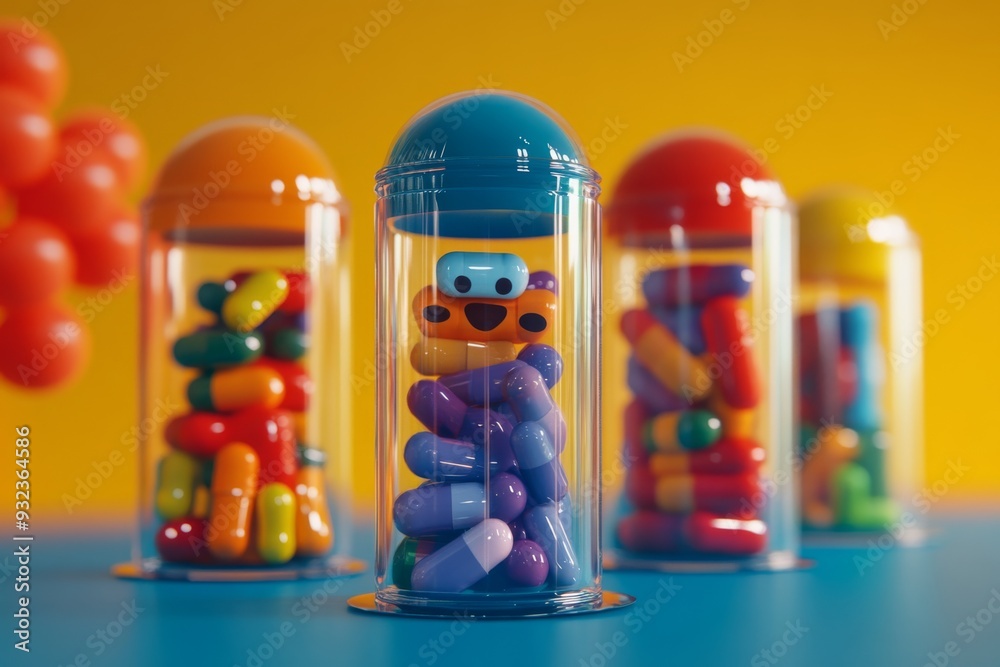 Sticker colorful cartoon capsules in glass jars highlighting the playful and organized side of modern medici