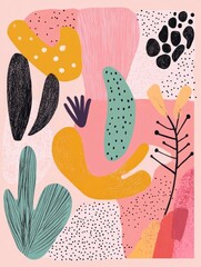 A vibrant abstract composition featuring organic shapes and textures in various colors, ideal for modern design aesthetics.