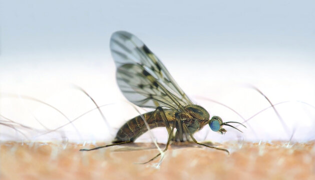 Closeup of a fly about to bite skin