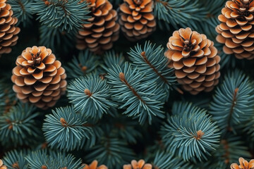 Fototapeta premium Seamless pattern of vibrant green pine branches with detailed needles and natural texture. Bright and colorful botanical background for holiday themes, winter designs, and nature-inspired projects.