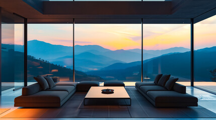 Fototapeta premium Open-plan living room with expansive glass walls, capturing the beauty of a serene sunset over rolling mountains, modern and minimalist design