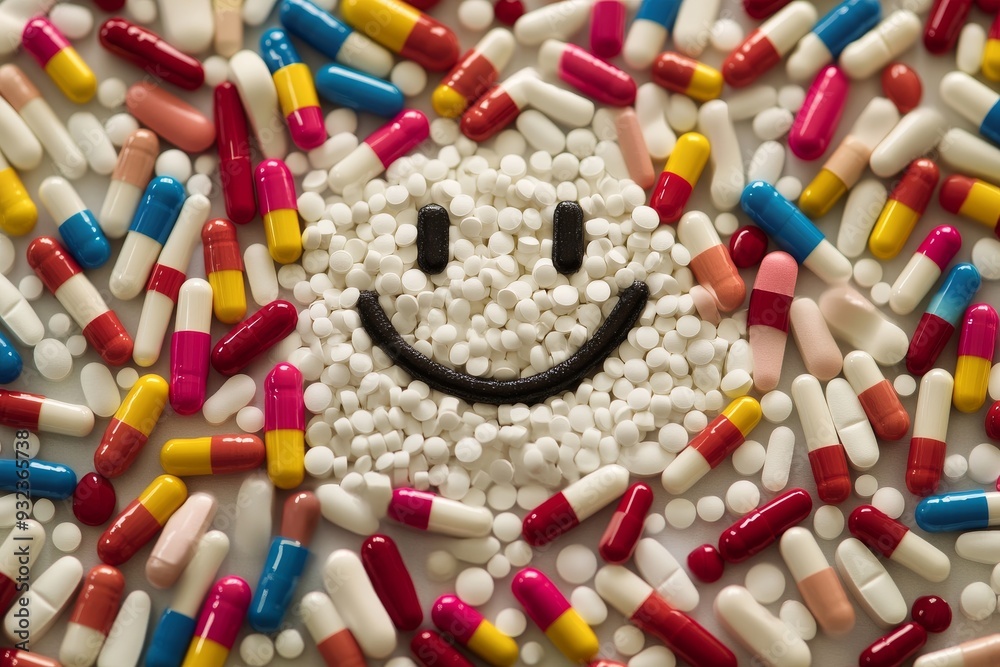 Poster Playful and Cheerful Smiling Face Made of Capsules and Pills Representing Positivity and Creativity in Medicine on a Soft Background