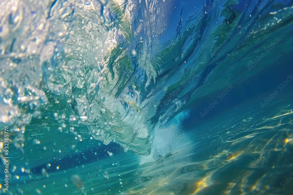 Poster a close-up shot of a wave crashing on the ocean floor, perfect for use in travel or nature-themed pr