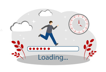 A man running across the loading bar. Waiting loading file process concept vector illustration