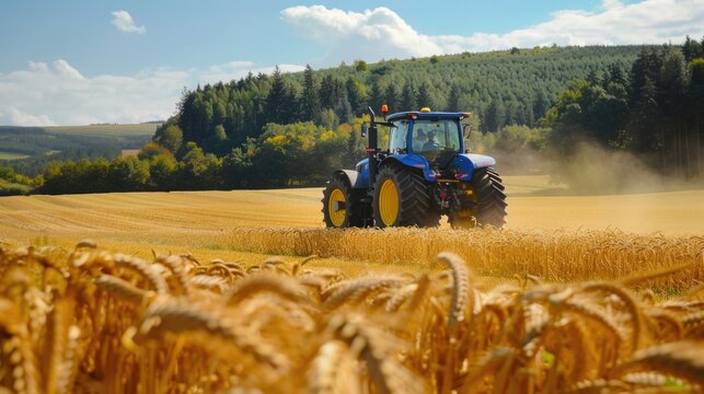 Fototapeta A blue tractor drives through a wheat field, the sun shining down