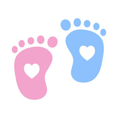 Newborn baby boy and girl footprint with heart shape. Childhood, birthday celebration, footsteps concepts. Flat vector design isolated illustration.
