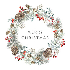 Christmas wreath with text, white background. Green pine twigs, cones, red berries. Vector illustration. Nature design. Greeting card, poster template. New Year holidays © ojardin