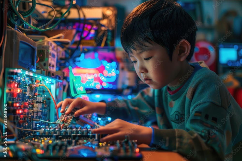 Poster a young boy sits in front of a computer screen playing an online game, with a focused expression