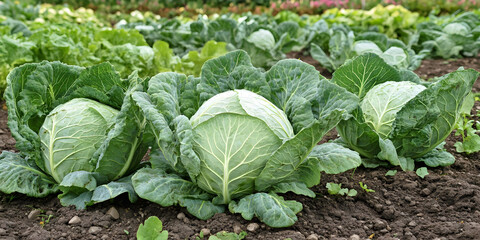 Naklejka premium cabbage growing in the garden, ai generated.