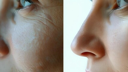 Woman comparing the effects of an anti aging cream for wrinkles on her face, showing the difference between before and after applying the product