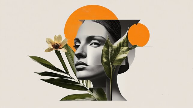 A creative collage featuring a woman's portrait intertwined with plants and geometric shapes, evoking a sense of harmony.