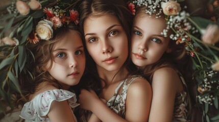 Obraz premium Three young girls wearing flowers in their hair, a bright and cheerful scene
