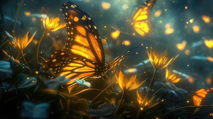 Fototapeta premium A golden butterfly with its wings spread wide, rests among flowers in a field of glowing light.