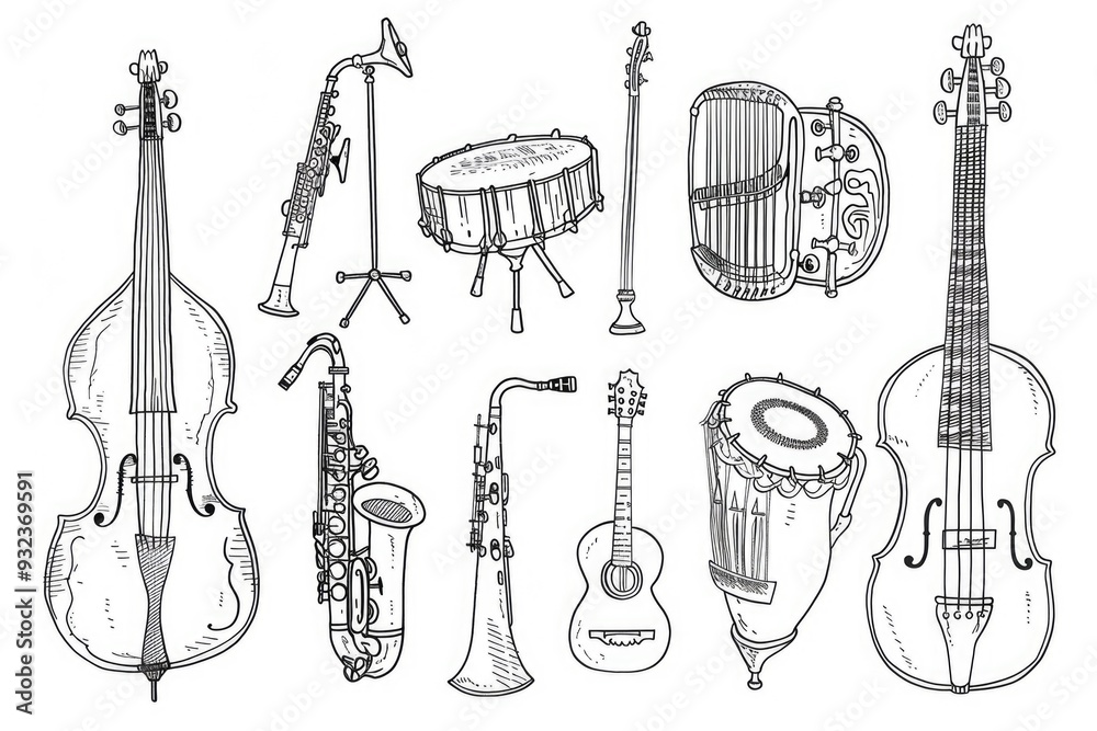 Aufkleber A collection of various musical instruments arranged in a single group, ideal for use in educational or promotional contexts