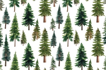 Obraz premium Watercolor Seamless Pattern of Pine Trees and Spruces on White Background