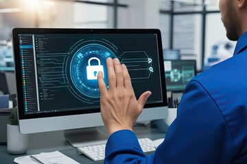 Fototapeta premium Technician's Hand Engaging with Cybersecurity Interface for Network Protection